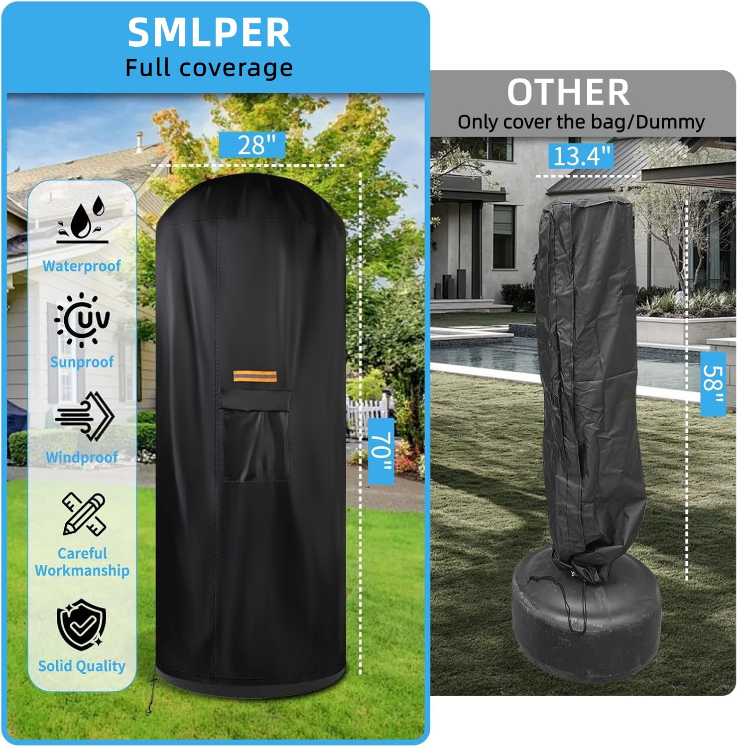 Smlper 70" x 28" 420D Oxford Free Standing Punching Bag Cover, Reflective Thicker Handle, Waterproof Zipper, Full Protector for Dummy Boxing Bag(Black)