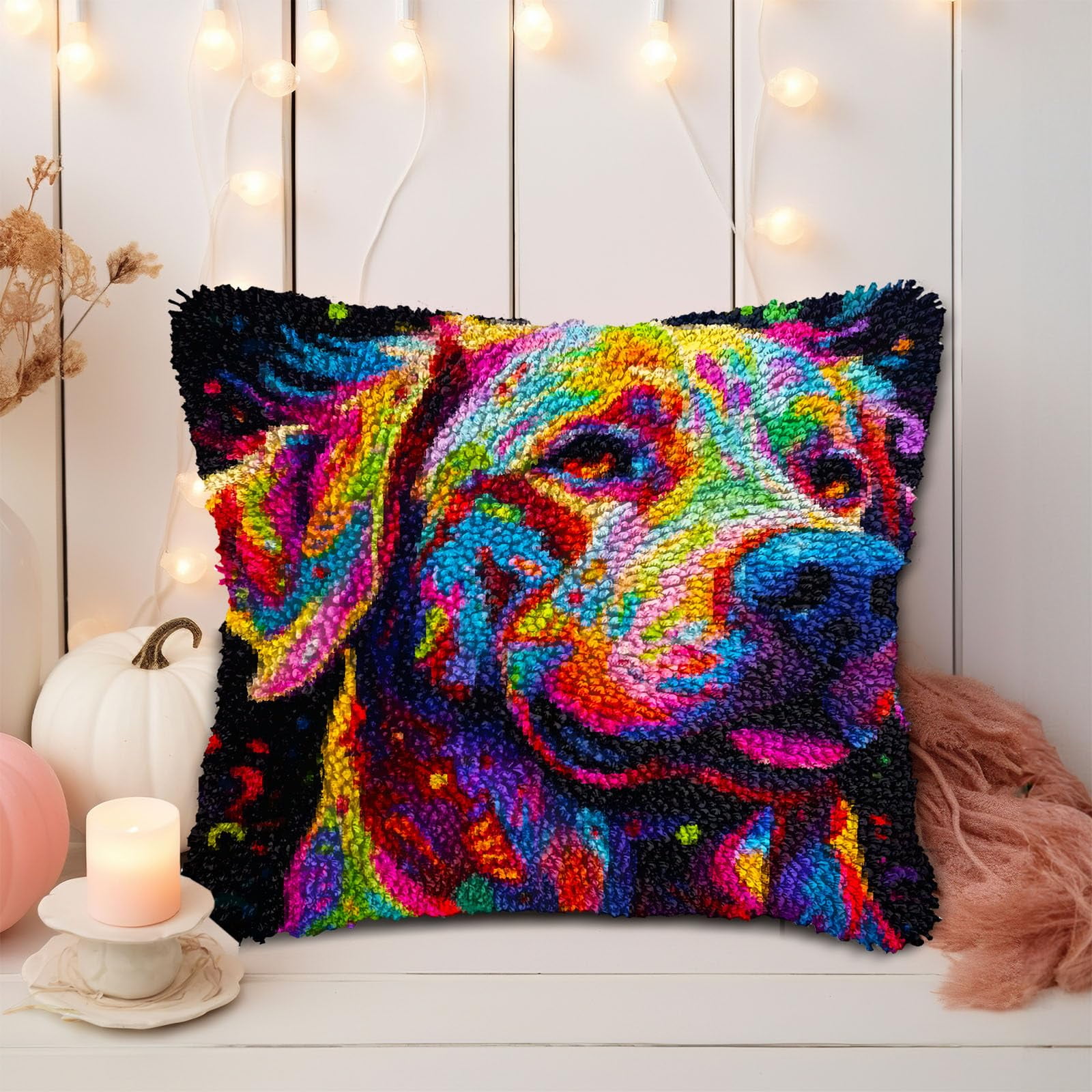 Colorful Labrador Retriever DIY Latch Hook Pillow Kits for Adults Printed Pillowcase Crochet Yarns Hooking Handmade Pillow Cover Cushion for Home Sofa Decoration 17x17inch(1)