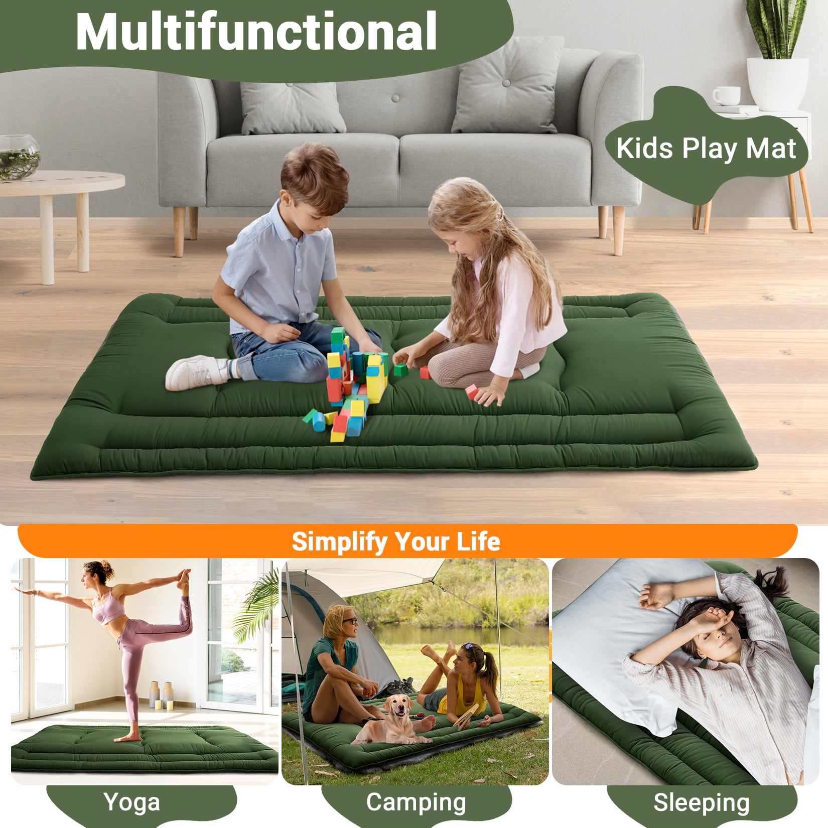 Twin Size Foldable Floor Mattress, Japanese-Style Roll-Up Foam Sleeping Mat, Space-Saving Tatami Floor Bed for Living Room or Bedroom, Army Green