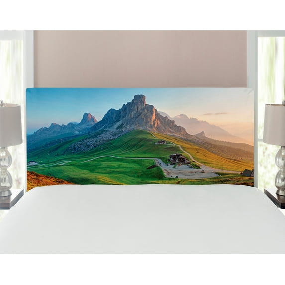 Rustic Headboard, Sunrise at Dolomites Mountains Greenland Hillside Houses Natural Life, Upholstered Decorative Metal Bed Headboard with Memory Foam, Full Size, Fern Green Multicolor, by Ambesonne