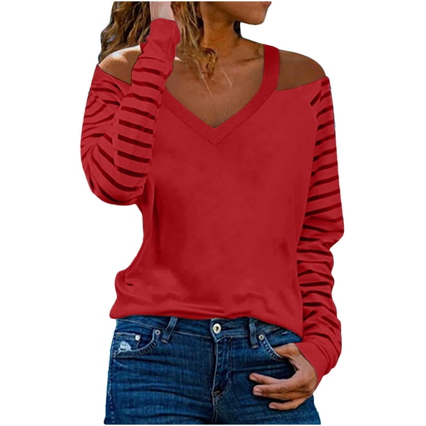 Mujeres de manga larga de malla ahueca hacia fuera el hombro frío camisas casuales fuera del hombro pulóver a rayas con cuello en V blusa túnica Tops Pompotops gfhjh22040