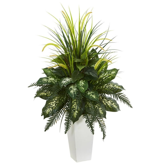 Nearly Natural 4' Mixed River Fern and Dogtail Artificial Plant in White Planter, Green