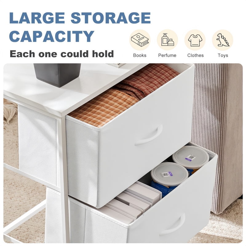 Kelno 2PCS Nightstand 2-Drawer Fabric Storage Dresser Small Bedside Table Wood Top, White