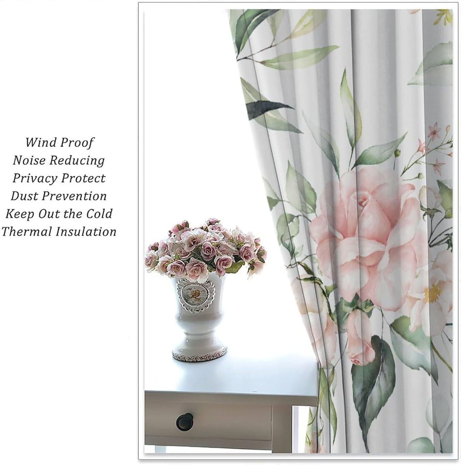 Rustic Flower Curtains Watercolor Pink Floral Green Leaves Natural Pattern Blackout Print Rod Pocket Window Drapes for Bedroom Living Room 52x84in