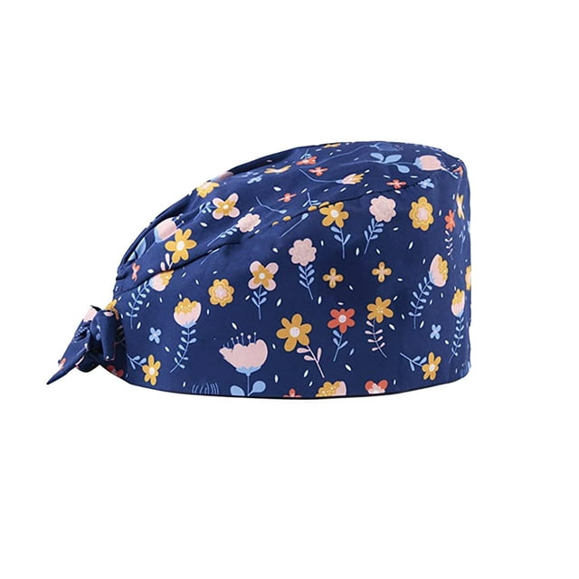 MIASHUI Bonnet de Travail pour Femmes à Imprimé Mignon, Ajustable, pour Infirmière, Bonnets de Sarrau à Cheveux Longs, Bleu Foncé