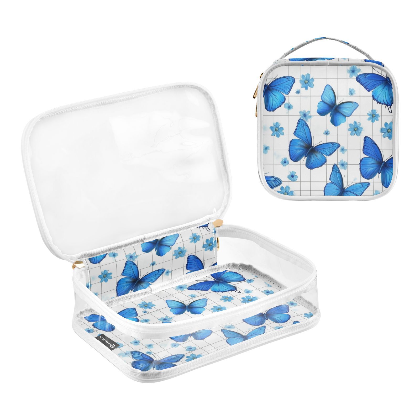 Clear Makeup Bags with Handle Large Opening 2 Pack Set Toiletry Bag Quart Size Bag, for Women Man Traveling Travel Essentials, Toiletries and Other. Blue Butterfly Flower