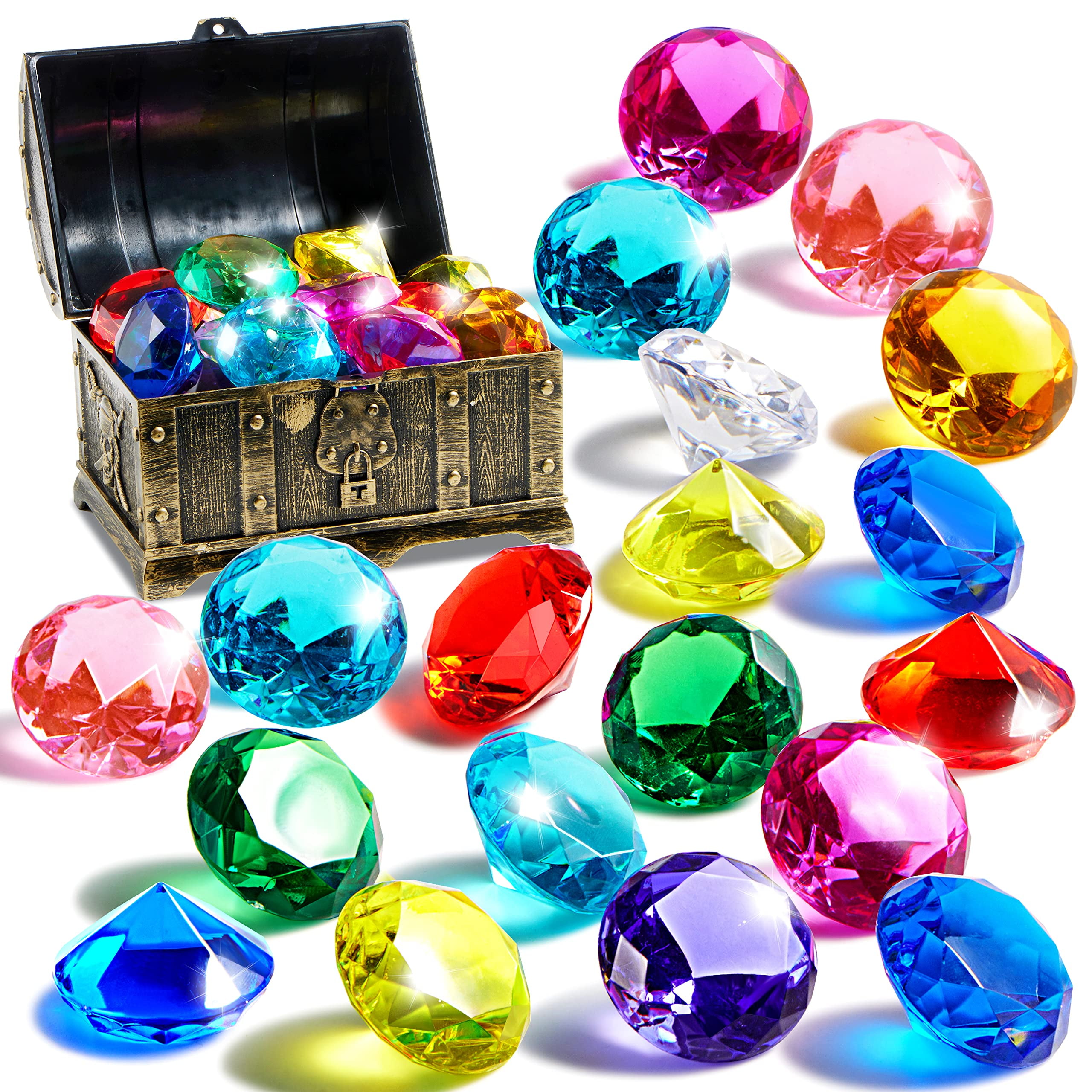 Sloosh Diving Gems Pool Toys,16 Big Colorful Diamonds with Pirate Treasure Chest,Swim Dive Diving Toy