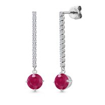 Gem Stone King 14K White Gold Red Ruby and White Lab Grown Diamond Long Liner Dangle Earrings for Women | 2.36 Cttw | Gemstone July Birthstone | Round 6MM | White Gold Chain Drop Earrings