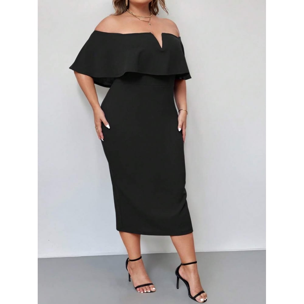 Black Plus Size Off-Shoulder Ruffle Detail Sheath Dress For Spring To Summer