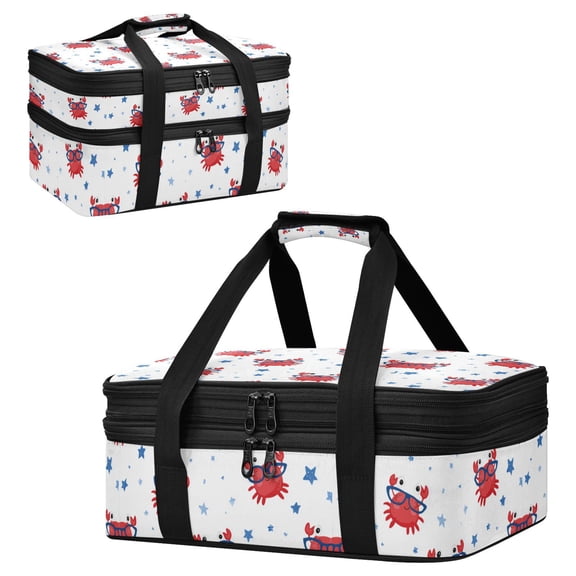 Large Double Decker Insulated Casserole Carrier Expandable 2-Layer Thermal Food Tote Bag Cool Crab with Glasses Hot Cold Pizza Lasagna Holder for Potluck Picnic Party Camping