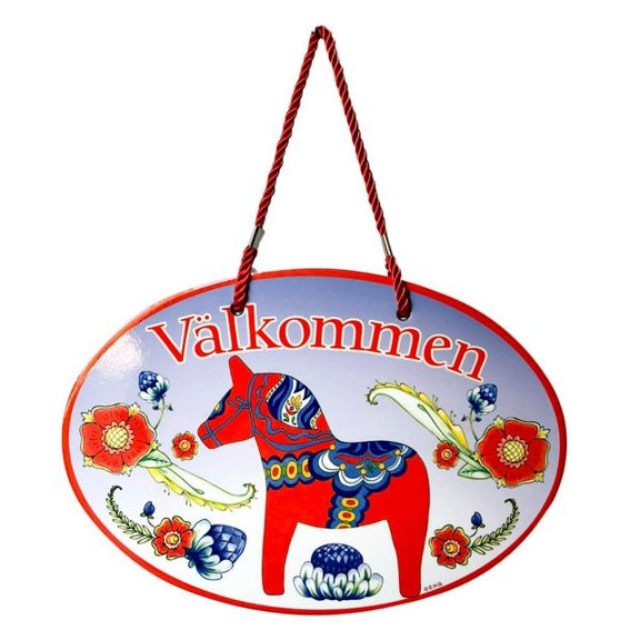 Scandinavian Gift Outlet Red Dala Horse Welcome Decorative Ceramic 11x8" Door Sign