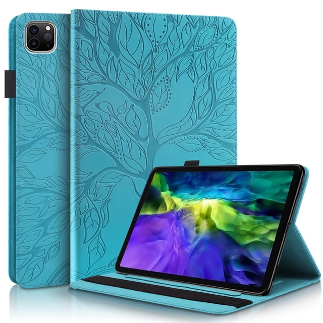 Tree of Life Embossed Case for ipad 11 Stand, Card Slots, Stylus Loop Blue