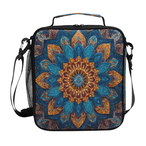 Insulated Square Lunch Bag with Side Mesh Pocket Fashion Lunch Box Reusable Lunch Tote 10.5" x9.5" x3.5" Intricate Geometric Shapes
