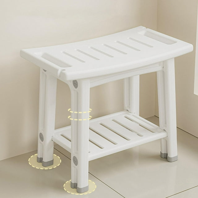 Taburete de ducha con estante organizador, silla de baño SPA, asiento de baño para el hogar, jardín, sala de para personas mayores, interior y ex Blanco