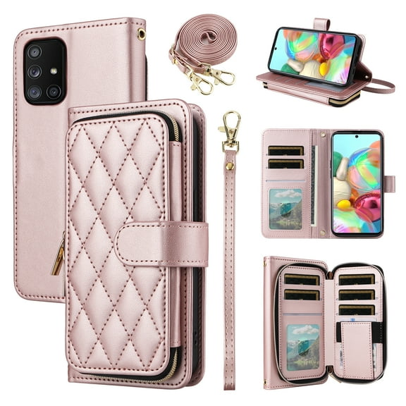 Furiet Wallet Case for Samsung Galaxy A51 4G with Wrist Strap, Crossbody Shoulder Strap, Card Slots Zipper Purse, Luxury PU Leather Stand Cell Phone Cover for A 51 M40S 51A A515F S51 Women Rose Gold