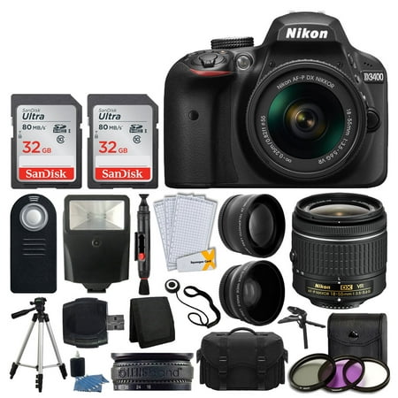 Nikon D3400 Digital SLR Camera 3 Lens Kit AF-P 18-55 VR Lens + 64GB Best Value Bundle