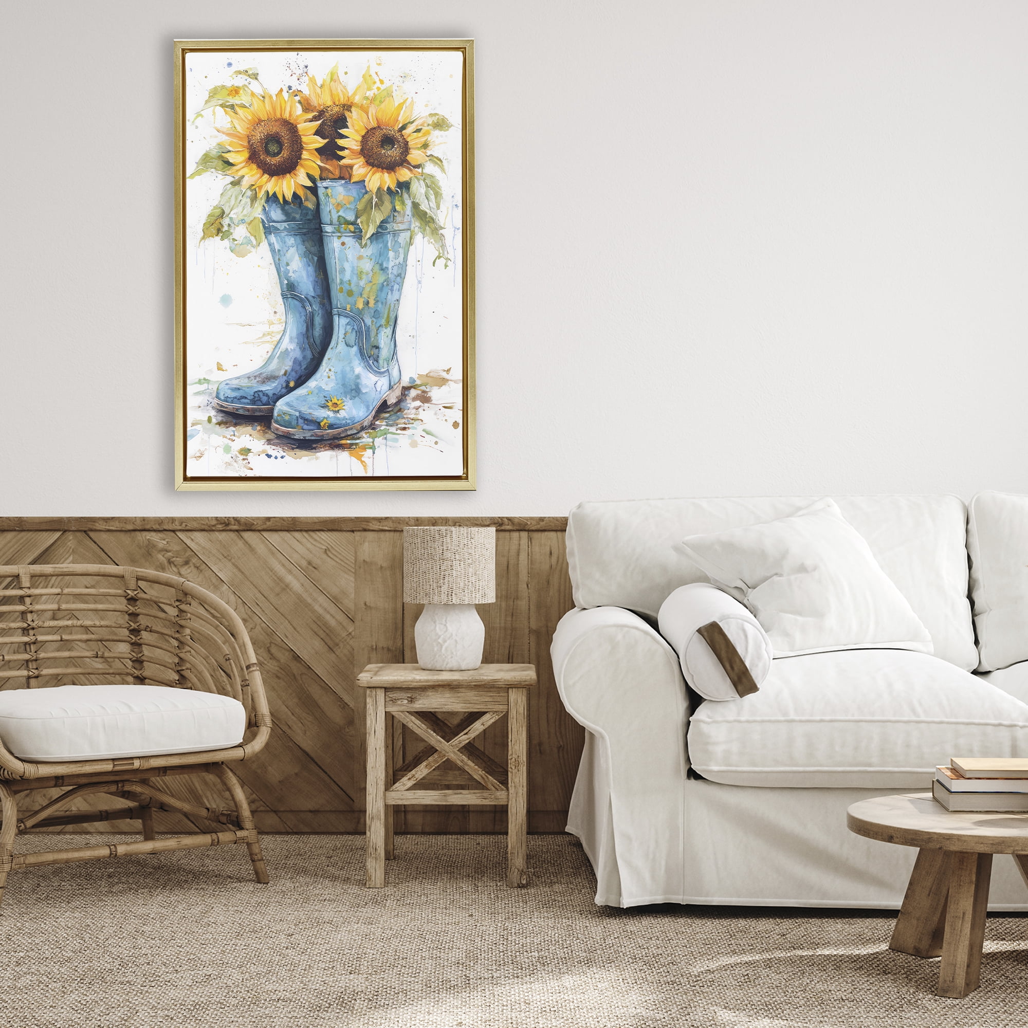 Stupell Industries Blue Rain Boots & Sunflowers Gold Framed Floater Canvas Wall Art, design by Tina LeCour