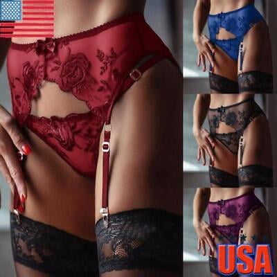 

Women Lace Floral Garter Belt Adjustable Sexy Suspender Belt+Sheer G-string Set