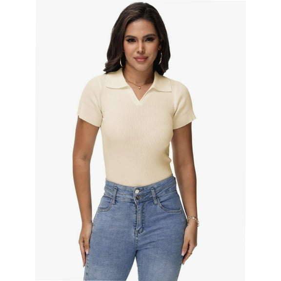 Women's Short Sleeve V Neck T Shirts Summer Knit Slim Fitted Basic Solid Color Tee Tops