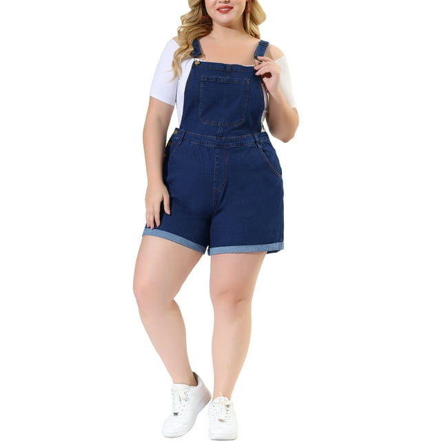 Agnes Orinda Salopette Courte pour Femme Grande Taille, Ourlet Roulé, Poche, Jean Denim, 3X, Bleu