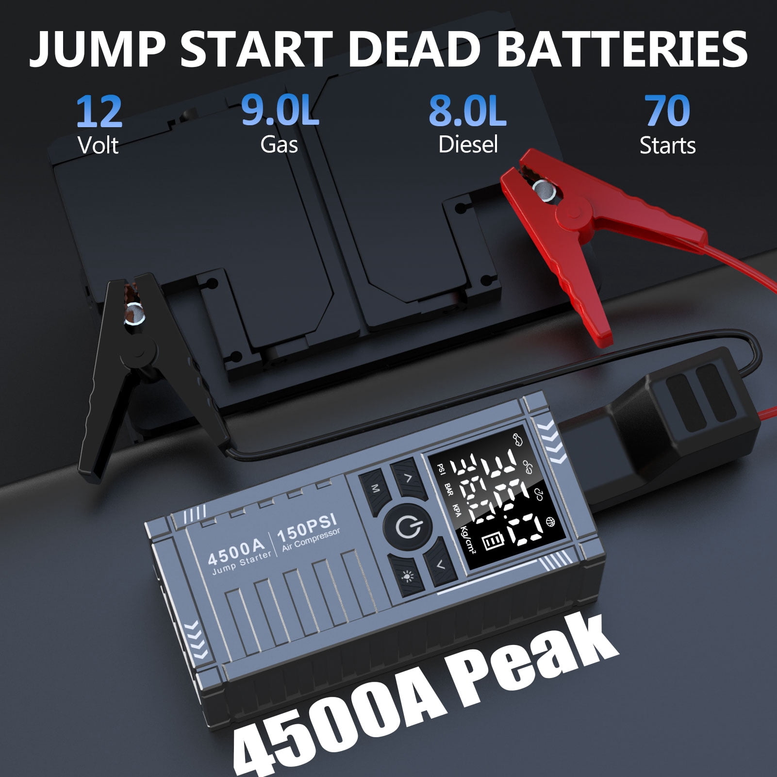 WellMall Auto Jump Starter with Air Compressor - 4500A 150PSI Portable Car Battery Jump Starter (5L Gas/3.5L Diesel), 12V Jump Box Car Battery Jumper Starter Portable Jumper Cables, LED Light