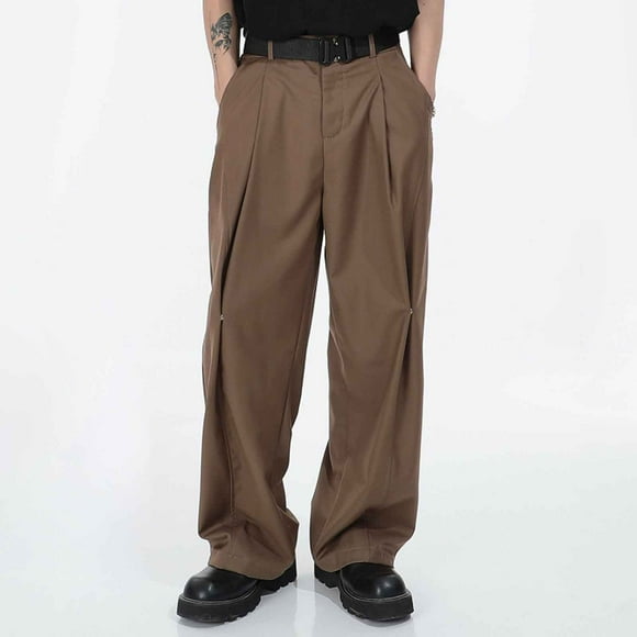 FcBaudy Full Length Pants Men Casual Fall Solid Color Fold Elastic Full Length Pants Men Polyester Pants