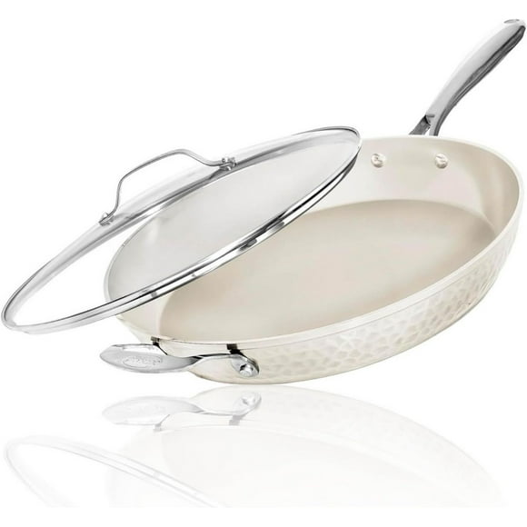 Gotham Steel Hammered Cream 14 inch Ceramic Nonstick Induction Oven Dishwasher Safe Fry Pan with Lid
