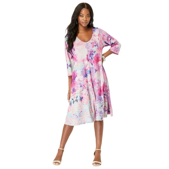 Roaman's Women's Plus Size Printed V-Neck Dress