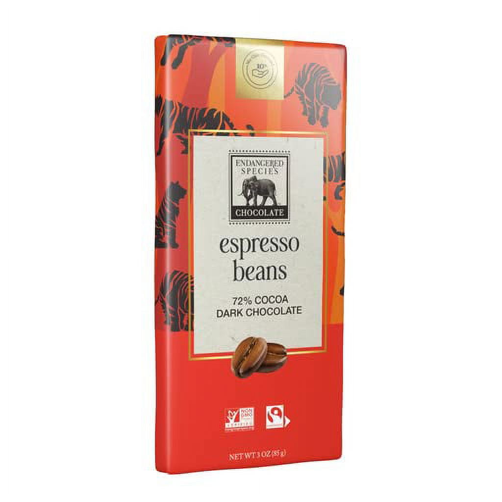 Endangered Species Chocolate Tiger Bar; Dark Chocolate with Expresso Beans, 3 Ounce - 12 per case.