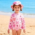 thumbnail image 2 of Girls Cute Swimsuit Crew Neck Long Sleeve Half Zip Ruffled One Piece Bathing Suit Quick Dry Modest Swimwear With Hat (12 Months, Pink), 2 of 9