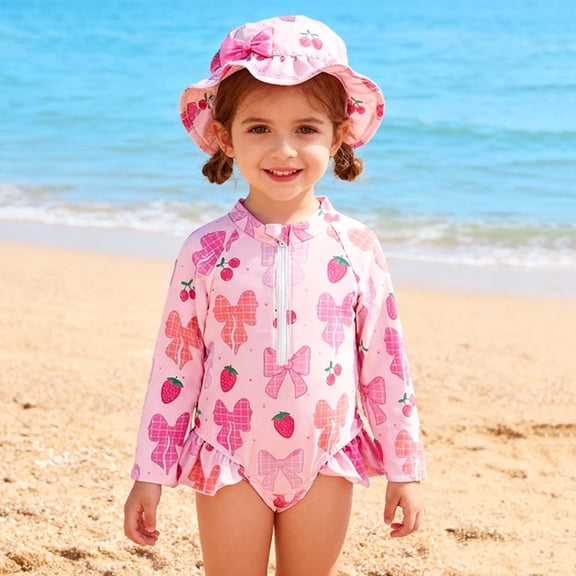 Amidoa One Piece Girls Swimsuit Long Sleeve Half Zipper Bathing Suit Beach Floral Print Summer Swimwear,Pink,12 Months