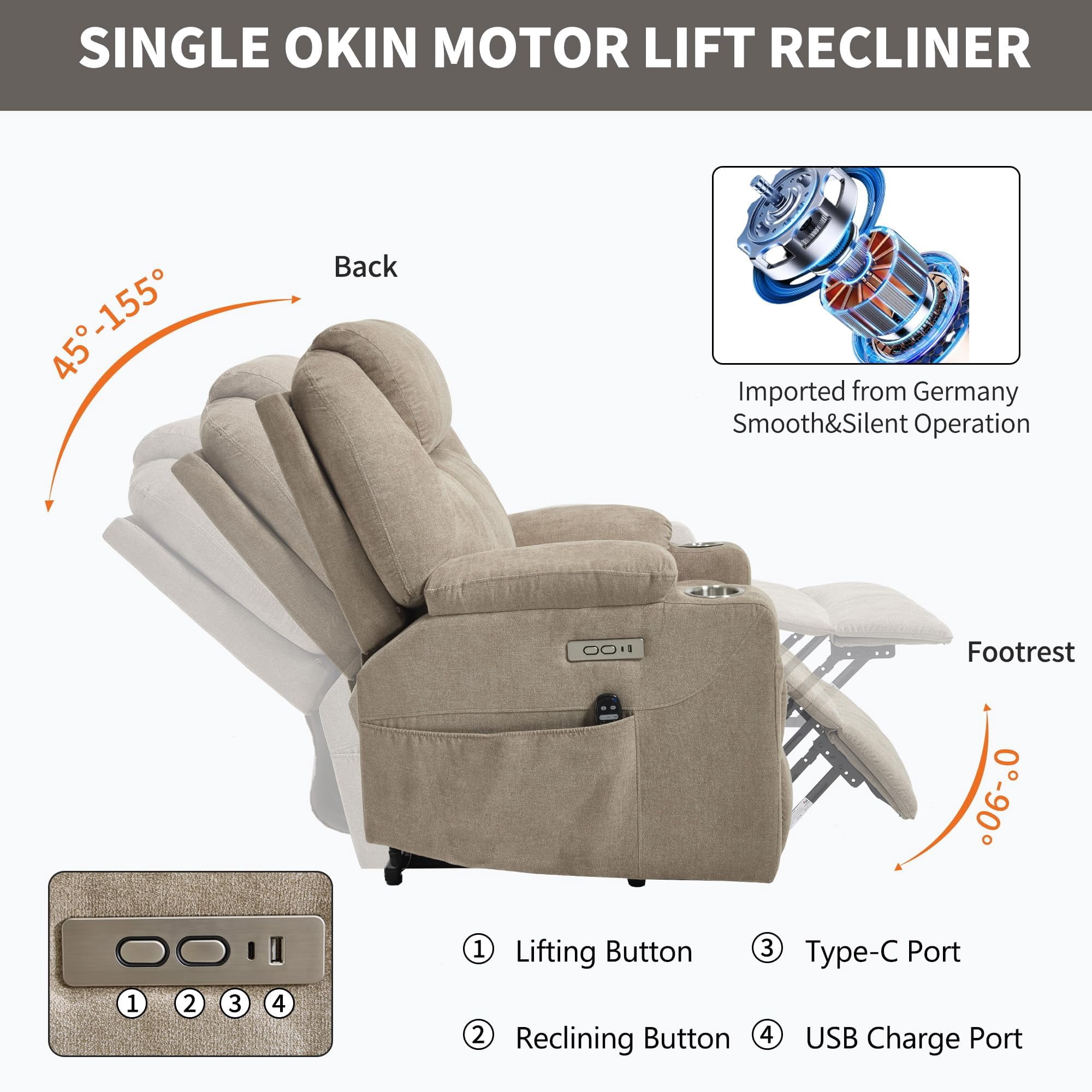 Power Lift Recliner Chair, Electric Lift Recliner for Elderly Reclining Chair with Vibration Massage and Lumbar Heating, Single Sofa with Charging Ports Cup Holders