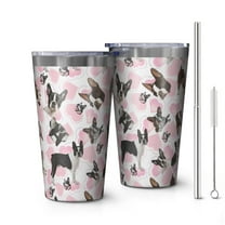 16oz Tumblers Cute Boston Terrier Dog and Pink Love Heart Stainless Steel Vacuum Insulated Double Wall Travel Tumbler Cups Mug with Lid and Straw,Cleaning Brush for Coffee,Tea