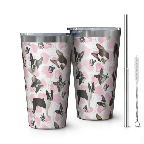 16oz Tumblers Cute Boston Terrier Dog and Pink Love Heart Stainless Steel Vacuum Insulated Double Wall Travel Tumbler Cups Mug with Lid and Straw,Cleaning Brush for Coffee,Tea