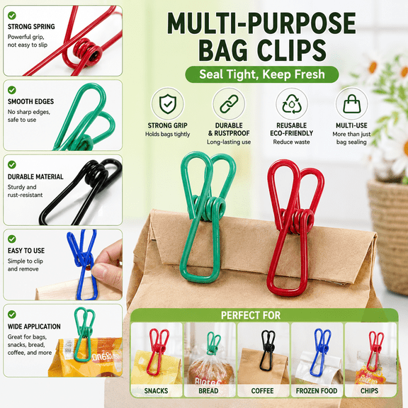 10-Pack 2-Inch Multicolor Utility Clips, PVC-Coated Strong Grip Clips for Food Bag Sealing, Paper Organization, Laundry, Home & Office Storage