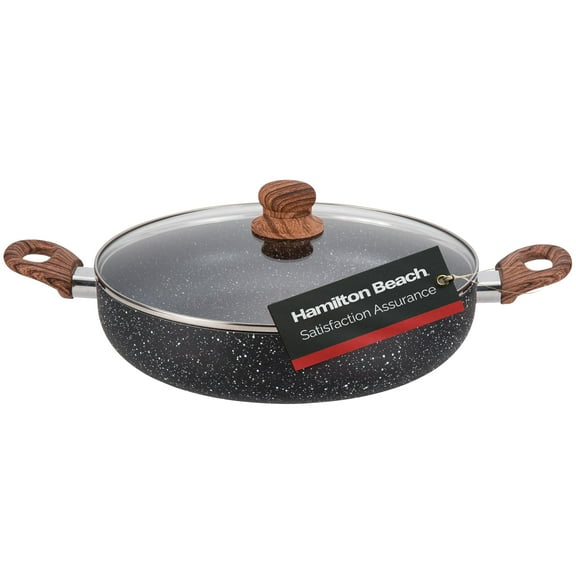 Hamilton Beach 4.5 Quart Nonstick Marble Coating Even Heating Round Beach Low Oven Pot with Glass Lid and Wooden Like Soft Touch Handle, Dutch Oven Pot, Braising, Roasting