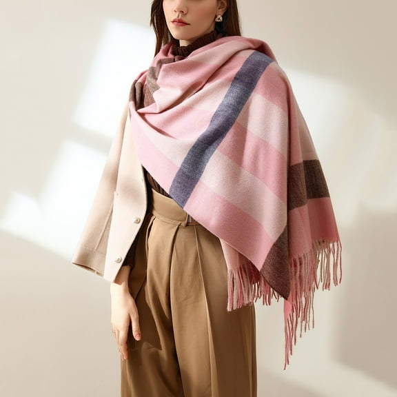 LIJCC Women'S Autumn and Winter Color-Blocked Plaid Shawl Thickened Warm Tassel Scarf Women'S Autumn and Winter Colorful Plaid Shawl Thickening Warm Fringe Scarf Scarf