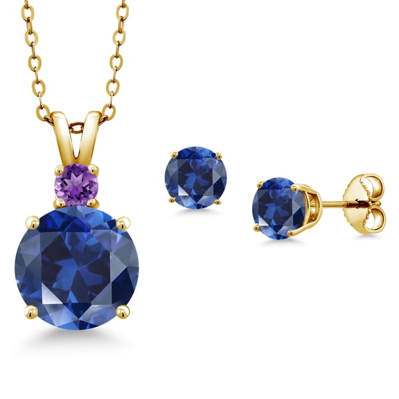 Gem Stone King 18K Yellow Gold Plated Silver Round Blue Simulated Sapphire and Purple Amethyst Pendant and Earrings Jewelry Set for Women (5.02 Cttw, Gemstone Birthstone, with 18 inch Chain)