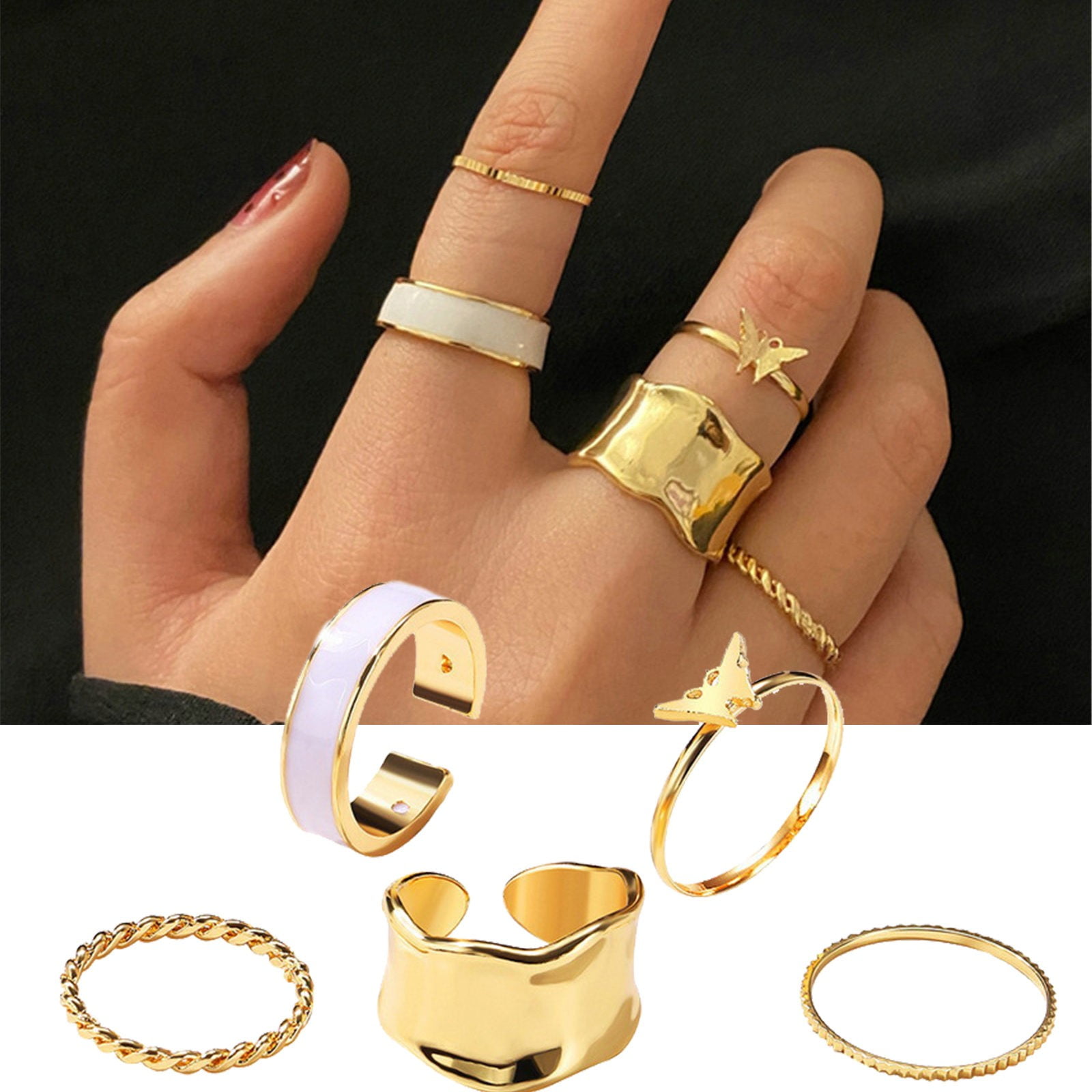 XIAQUJ Ring Combination Multi Pc Moon Star Leaf Love Diamond Joint Ring