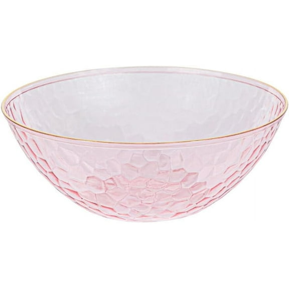12oz Hammered Pink Plastic Round Bowls with Gold Rim - Disposable Translucent Plastic Soup Bowls, Heavy Duty Salad Bowls, Dessert Bowl, Baby Showers, Weddings, Birthday Party (10)