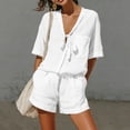 thumbnail image 4 of Linen Sets for Women 2 Piece Short Sleeve Tops and Wide Leg Shorts Summer Casual Fashion Beach Outfits White XL, 4 of 7