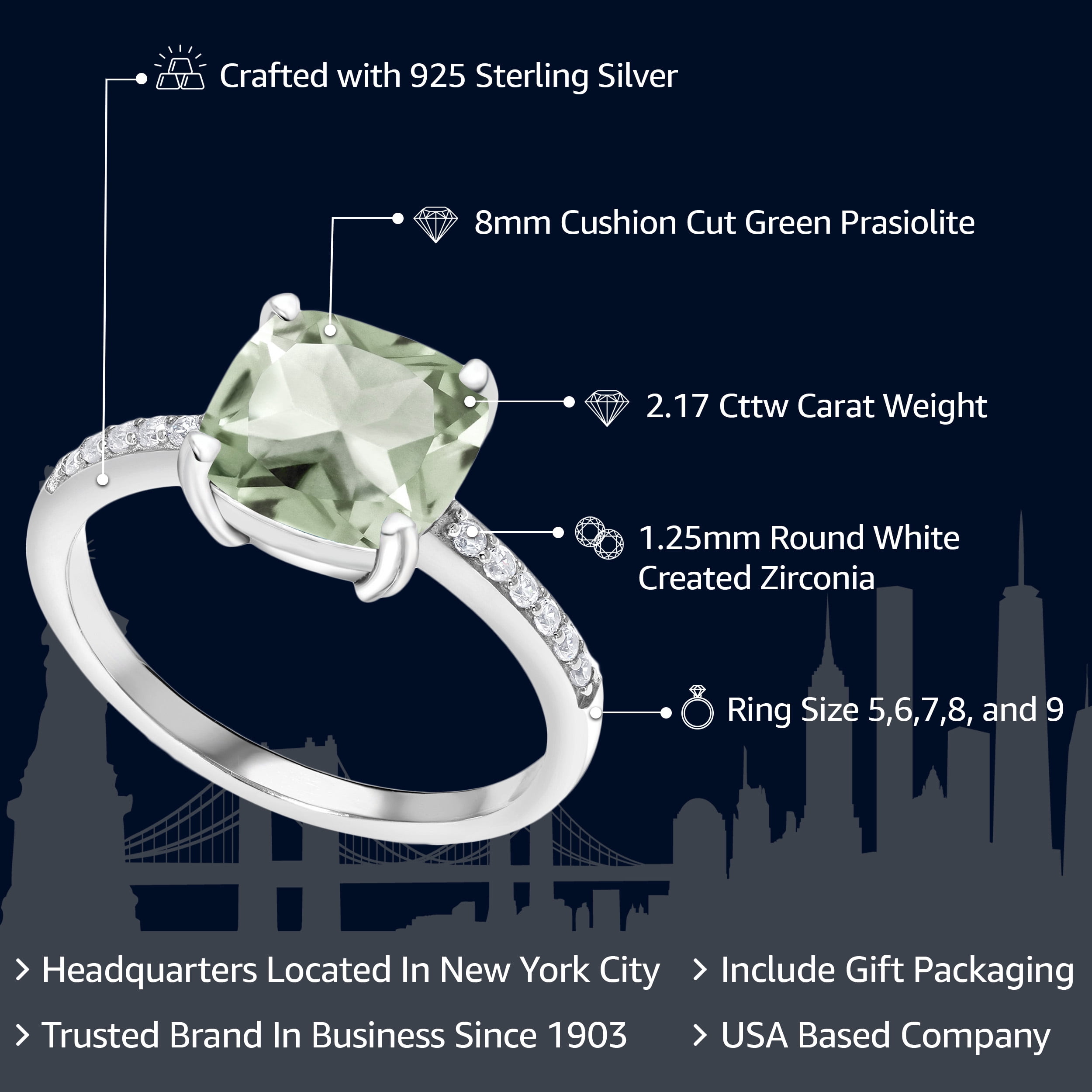 Gem Stone King 2.17 Cttw Green Prasiolite Engagement Ring for Women in 925 Sterling Silver | Cushion Cut 8MM | Gemstone Birthstone | Available in Size 5, 6, 7, 8, 9