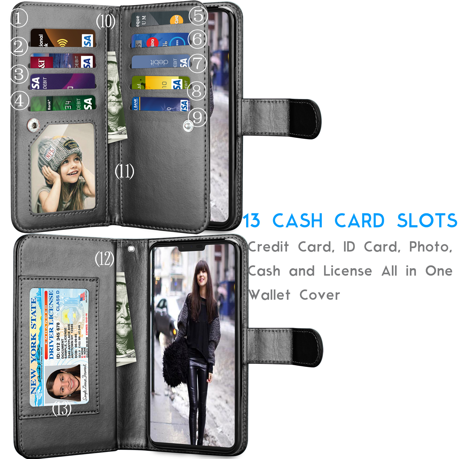 LG V40 Case, LG V40 ThinQ Wallet Case, LG V40 Carrying Case, Tekcoo Luxury ID Cash Credit Card Slots Holder PU Leather Folio Flip Cover Cases [Detachable Magnetic Hard Case] Kickstand - Black - image 2 of 6