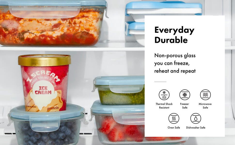 OXO Smart Seal 8-Piece Rectangle Glass Food Storage Container Set, Arctic Blue