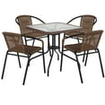 thumbnail image 1 of 28'' Square Glass Metal Table with Black Rattan Edging and 4 Black Rattan Stack Chairs, 1 of 9