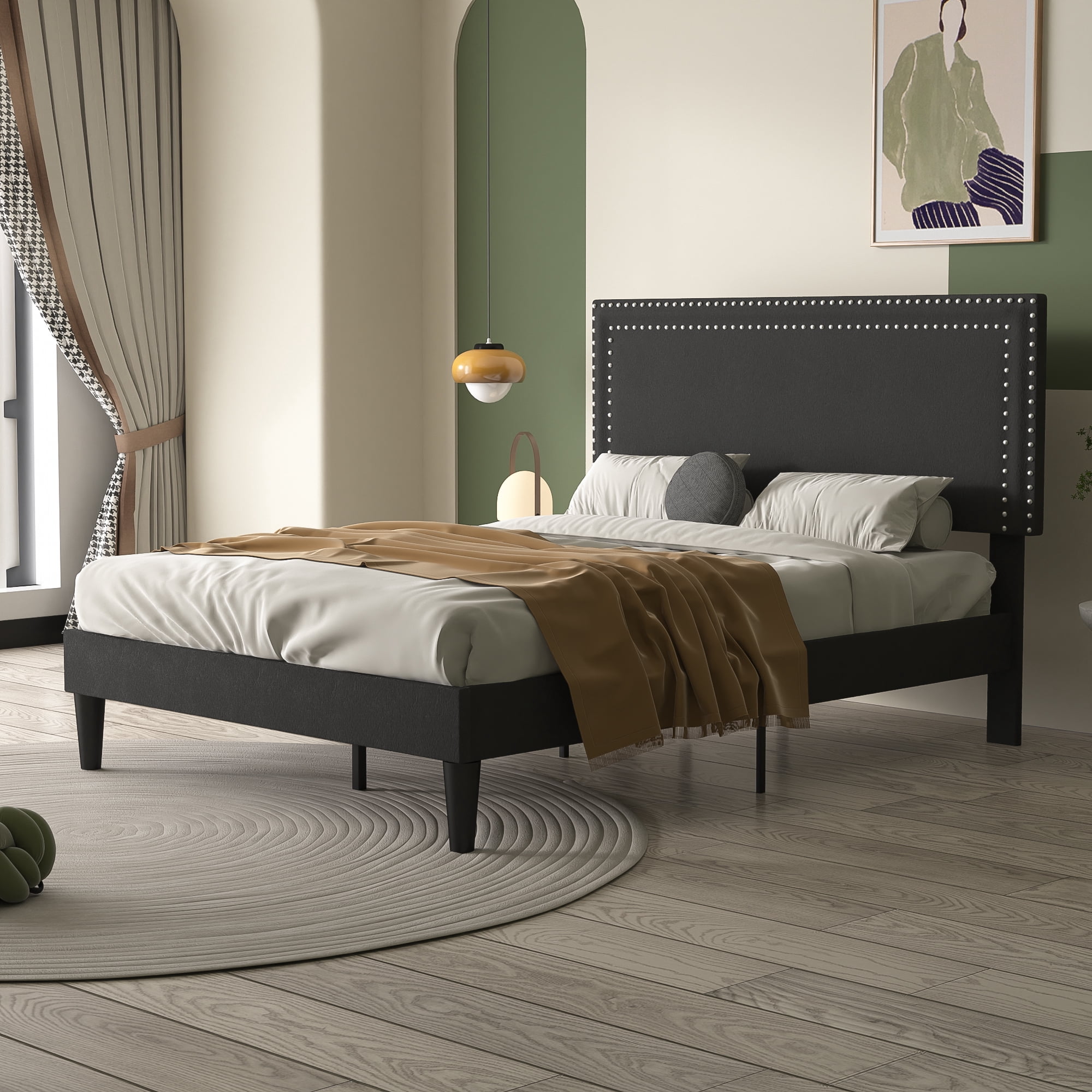 VECELO Full Size Platform Bed Frame, Modern Upholstered Bed Frame with Adjustable Height & Nailhead Trim Headboard, No Box Spring Needed, Easy Assembly, Black