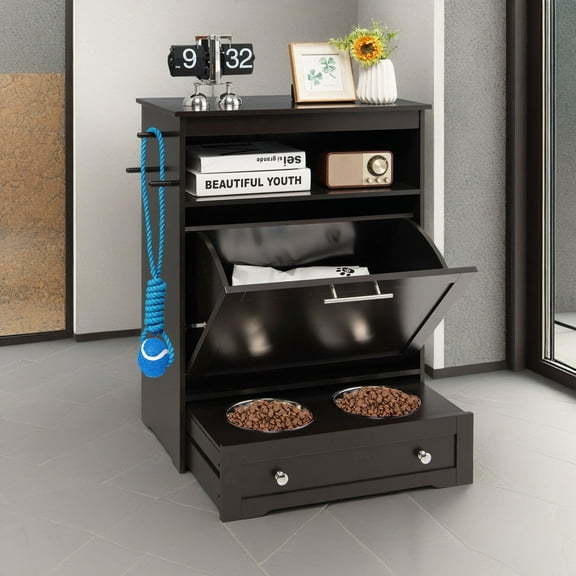 Pefilos 32" Dog Feeder Station with Stainless Steel Bowl, Dog Food Storage Container, Pull Out Pet Food Cabinet, Brown