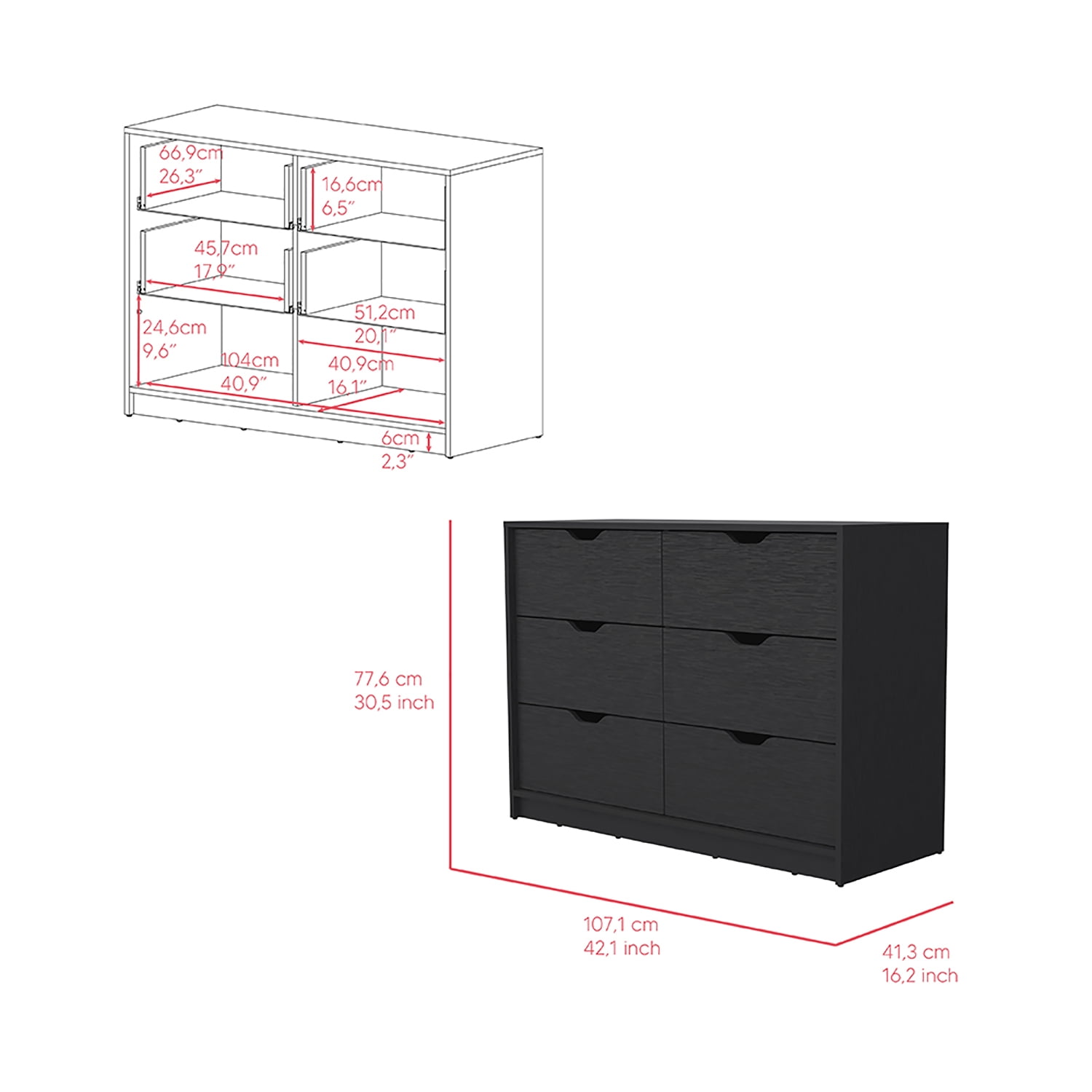 Kadyn 4 Drawers Dresser with 2 Cabinets, Black Nursery Dresser for Living Room, Storage Cabinet, 42.20"W Chest of Drawers