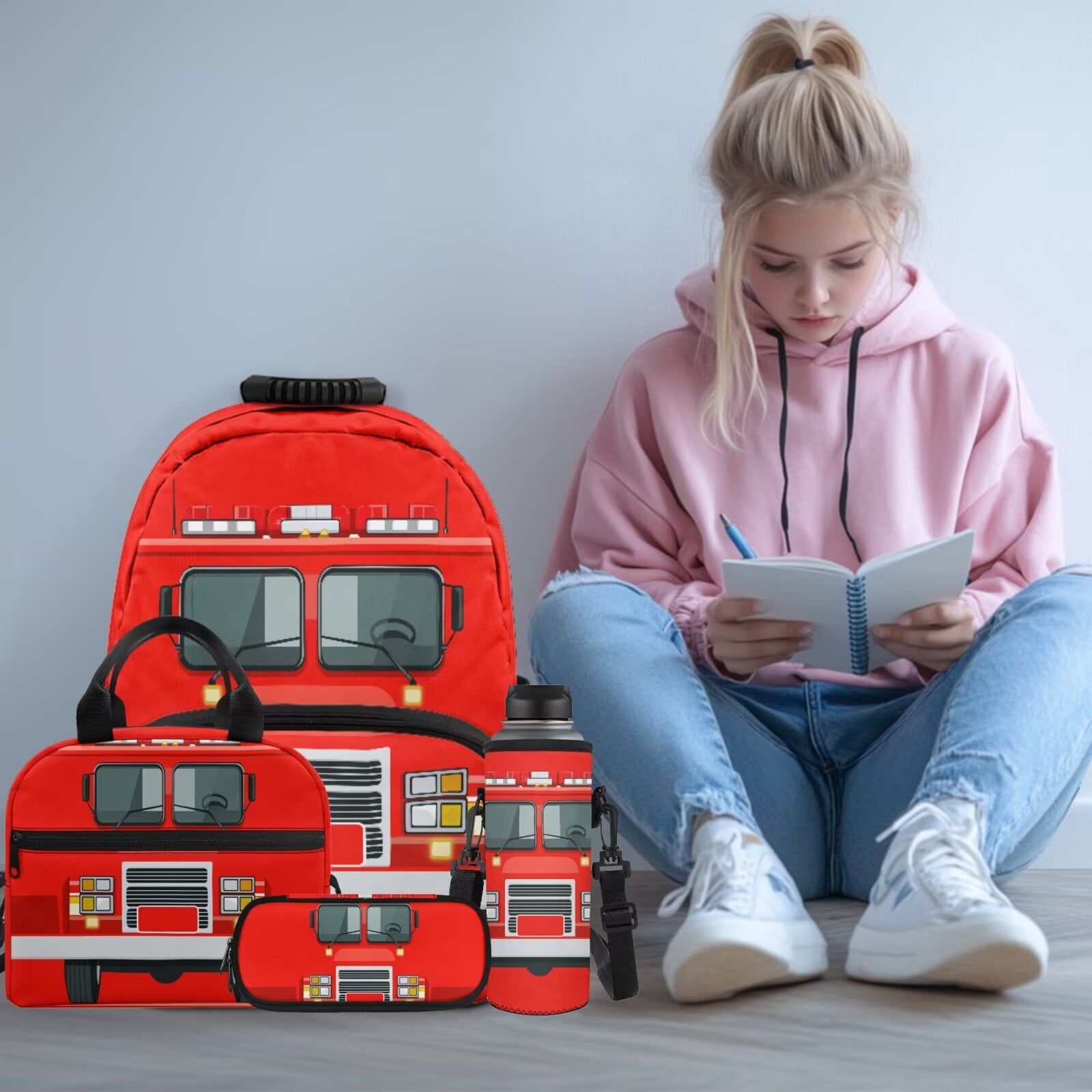 Pzuqiu Red Fire Truck Kids Backpack for School 4pcs 17 Inch Boys Backpack with Lunch Box Pencil Case Water Bottle Holder Kids Backpacks Lightweight Casual Daypack for Boys