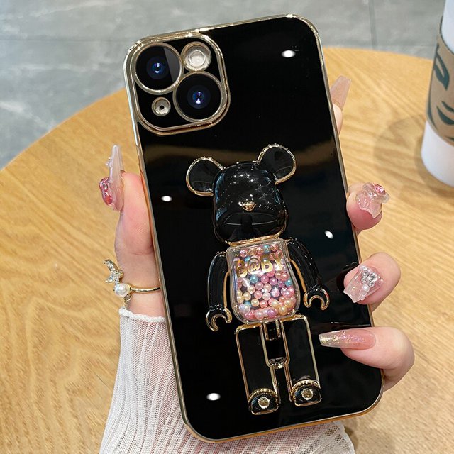 Funda de teléfono de silicona suave con soporte plegable de muñeca 3D chapada de lujo para iphone 14, 13, 12 Pro Max, 11 MiNi, X, XR, XS, 7, 8 plus, SE 3, Linda funda Fivean unisex